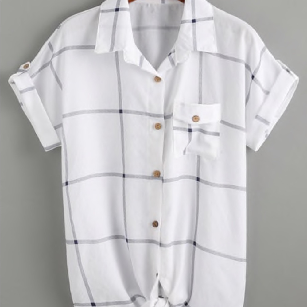 Grid Tied Front Rolled Sleeve Buttons Blouse